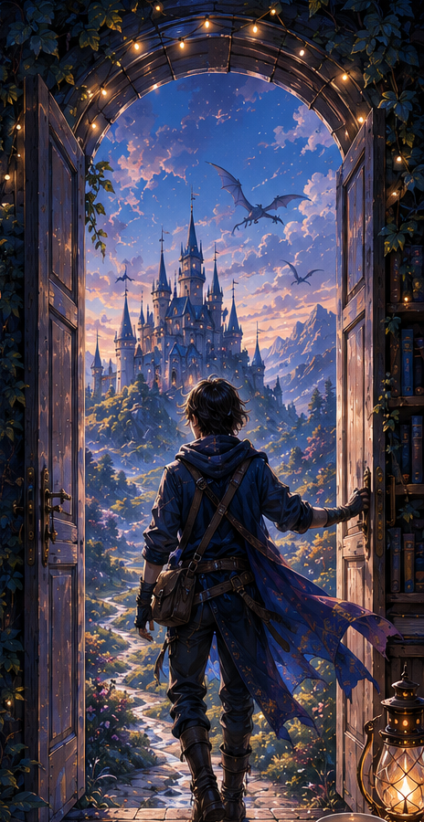 An adventurer steps through a glowing doorway toward a fantasy castle. Write your world.