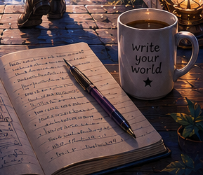 An open journal and a steaming mug labelled write your world.